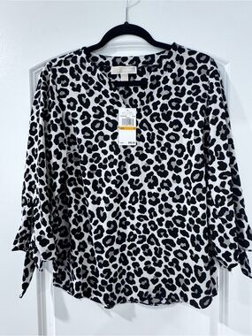 Michael Kors Black & White Leopard V-Neck Tie-Sleeve Blouse